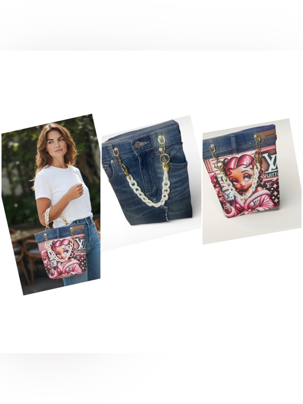 Upcycle Designer-Inspired Pink Art Tote Bag with Chain Strap W 8 1/2 H 11